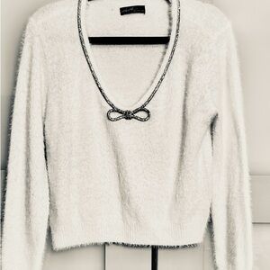 Cream V-Neck Rhinestone Sweater with Cropped Length